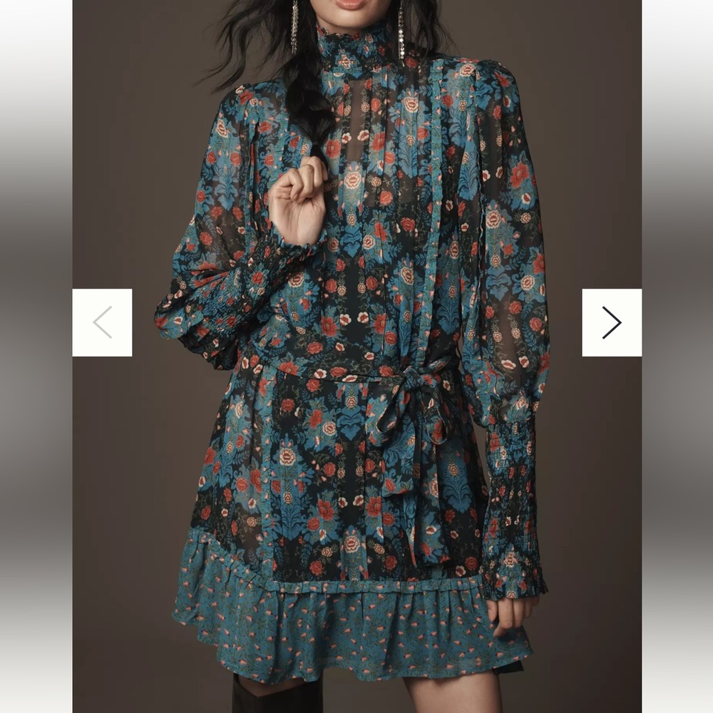 Farm Rio Arabesque Floral Long-Sleeve High-Neck Mini Dress